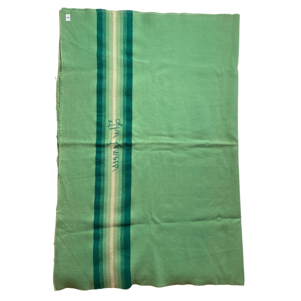 Jack Frost Wool Blanket Unisex OS Green Striped Vintage Embroidered 66x82